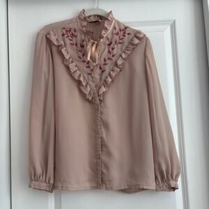 VTG SM Collection Prarie Victorian Ruffle Embriodered Blouse Sz S Pink Western